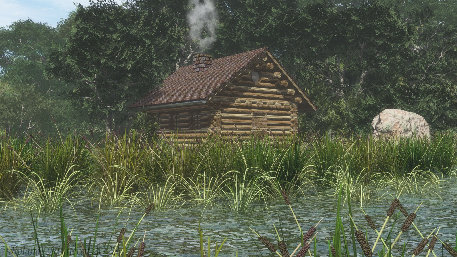 a cabin at a lake